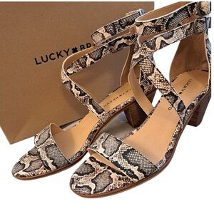 Lucky Brand | Ressia Strappy Leather Snake Ankle Strap Print Heeled Sandals 6.5